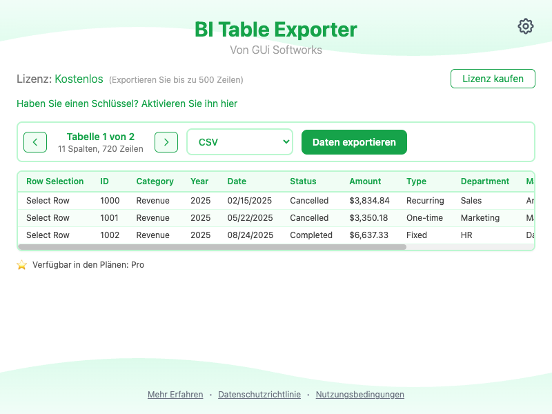 BI Table Exporter-Popup erkennt Power BI-Tabellen und zeigt Exportformatoptionen an