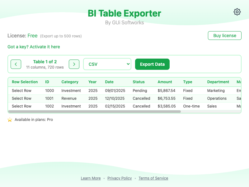 BI Table Exporter popup detecting Power BI tables and showing export format options