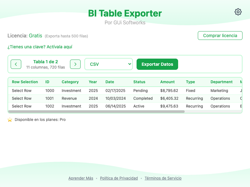 Popup del BI Table Exporter detectando tablas de Power BI y mostrando opciones de formato de exportación
