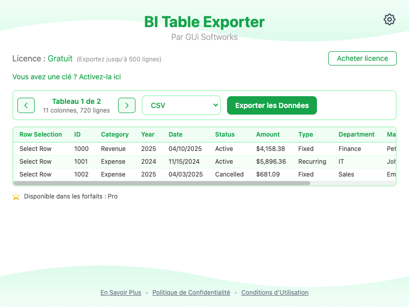 Popup de BI Table Exporter détectant les tableaux Power BI et affichant les options de format d'export