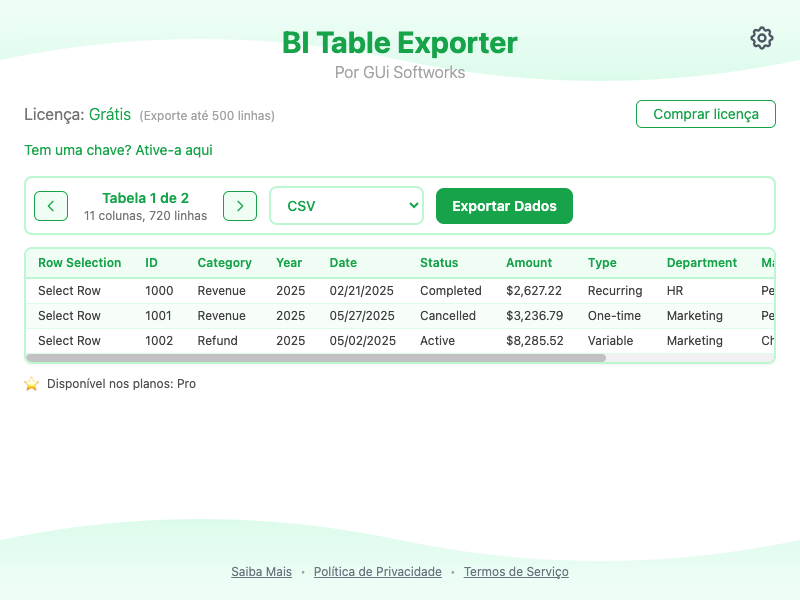 Popup do BI Table Exporter detectando tabelas do Power BI e exibindo opções de formato de exportação