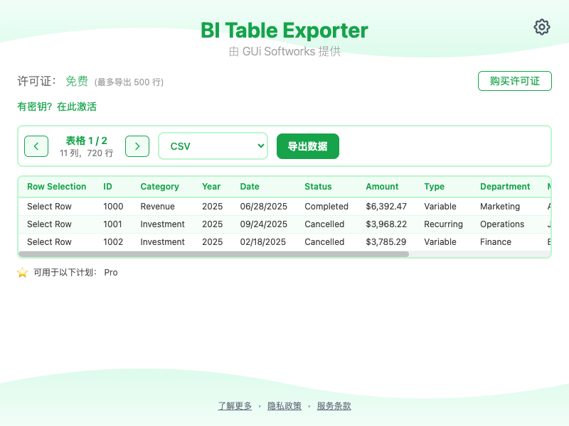 BI Table Exporter 弹出窗口检测 Power BI 表格并显示导出格式选项